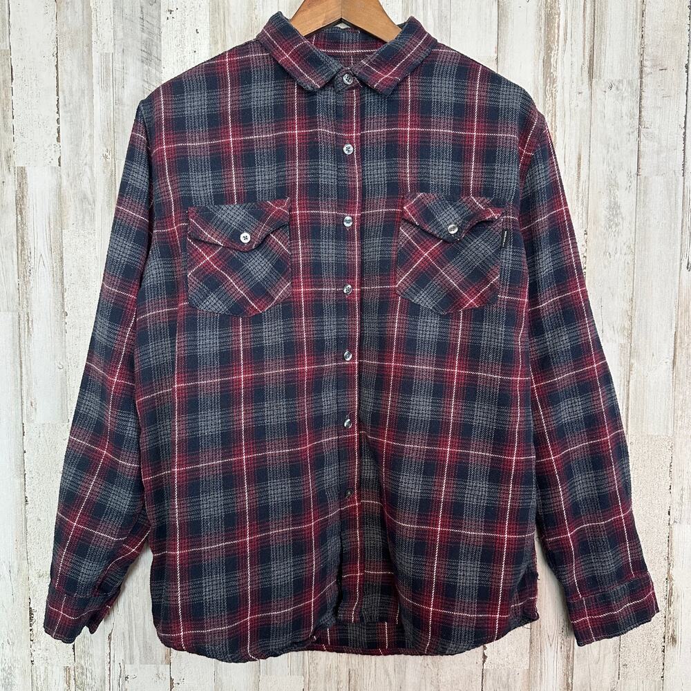 Molokai Surf Co Mens Flannel Shirt Large Gray Red Black White Grunge Preppy Gorp